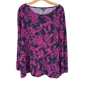 Roz & Ali Womens 2X plus  Black  Pink Floral Long Sleeve Blouse top knit new